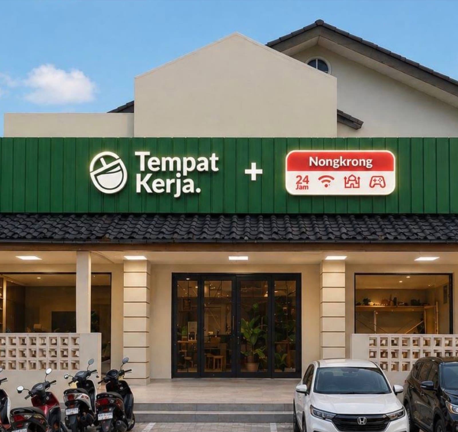Fasad Kopi Tempat Kerja Bintaro dengan papan nama Tempat Kerja dan Nongkrong